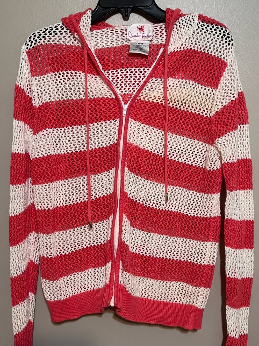 Quacker Factory Red and White Striped Hooded Open-Knit Zip Cardigan
